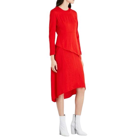 MAJE Remania satin tiered a-line long sleeve crewneck red career dress Sz 1 NEW - Picture 9 of 9